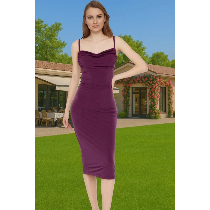 Rahat Ve Şık Askılı Midi Elbise Polyester Elastan Örme Kumaş Kaliteli İşçilik Özenle Seçilmiş