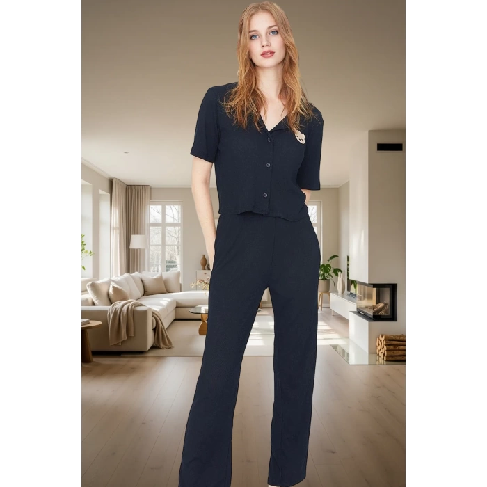 Rahat ve Şık Ayıcıklı Homewear Pijama Takımı Polyester Elastan Kumaş Dayanıklı Malzeme