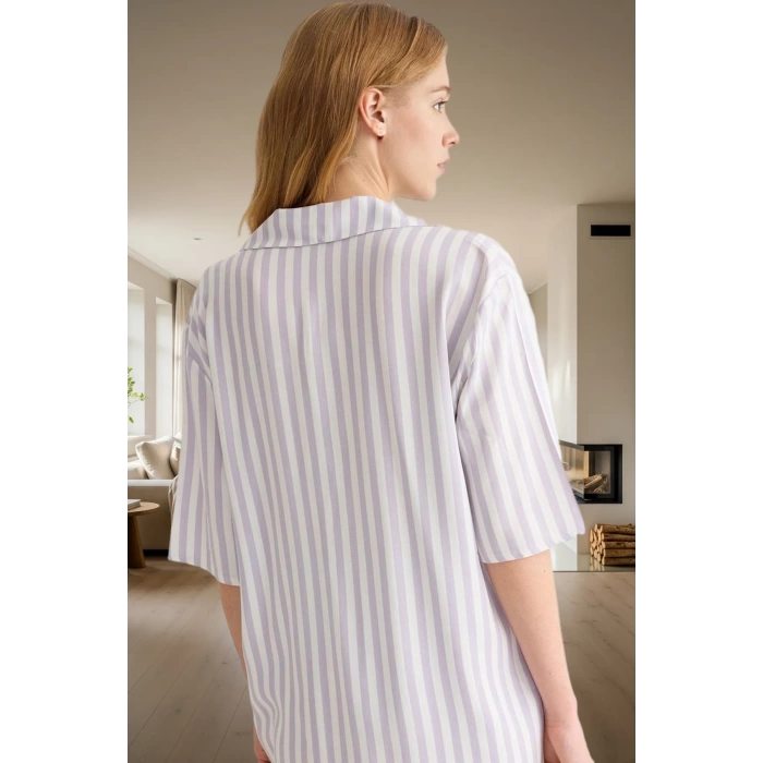 Rahat ve Şık Çizgili Viskoz Pijama Takımı Yazlık Ev Giyim Seti Özenle Seçilmiş Görünüm