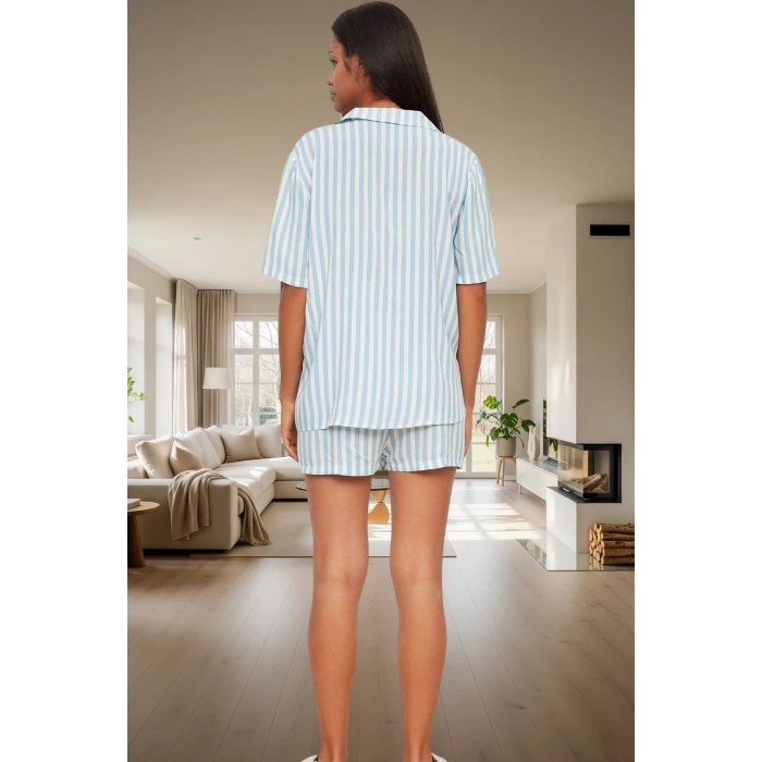 Rahat ve Şık Çizgili Viskoz Pijama Takımı Yazlık Ev Giyim Seti Özenle Seçilmiş Görünüm