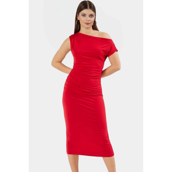 Rahat ve Şık Çok Midi Elbise Kayık Yaka Örme Kumaş Bodycon Konforlu Kesim Zarifane Tasarım