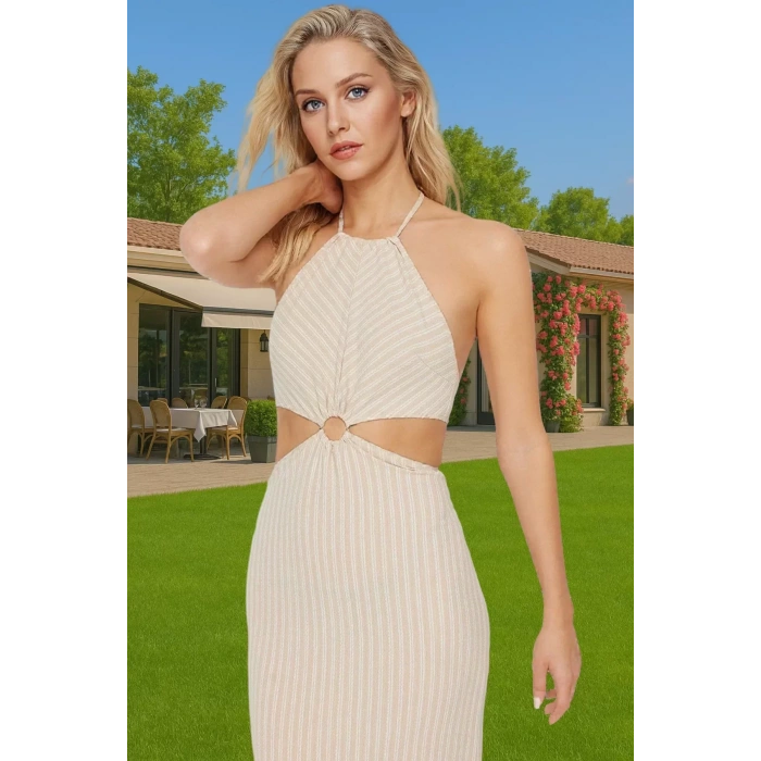 Rahat ve Şık Halter Yaka Maxi Elbise Polyester Karışımlı Yazlık Yüksek Kalite Premium Kalite
