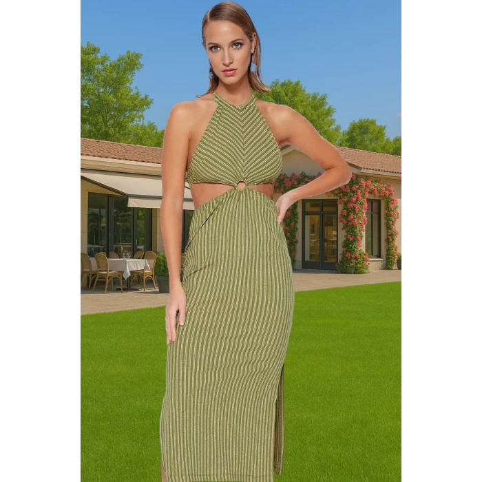 Rahat ve Şık Halter Yaka Maxi Elbise Polyester Karışımlı Yazlık Yüksek Kalite Premium Kalite