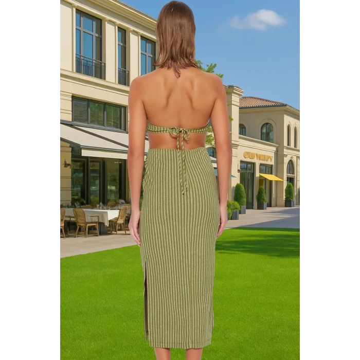 Rahat ve Şık Halter Yaka Maxi Elbise Polyester Karışımlı Yazlık Yüksek Kalite Premium Kalite