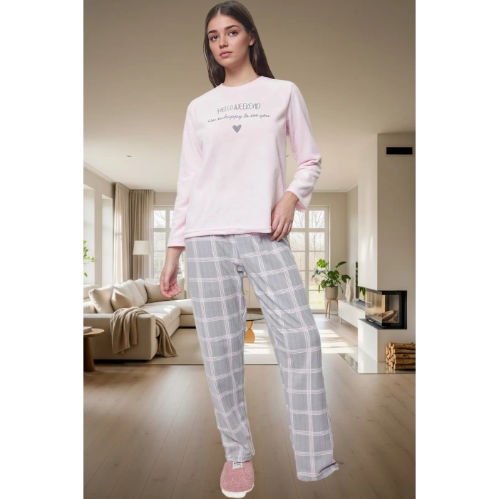 Rahat ve Şık Kadın Pijama Takımı Polar Ekoseli Uzun Kollu Yüksek Kalite Modern Stil