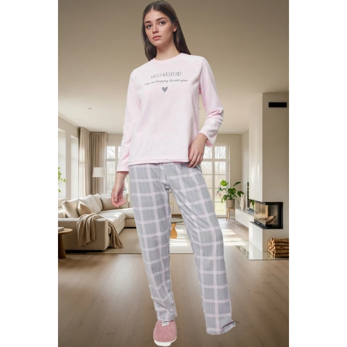 Rahat ve Şık Kadın Pijama Takımı Polar Ekoseli Uzun Kollu Yüksek Kalite Modern Stil