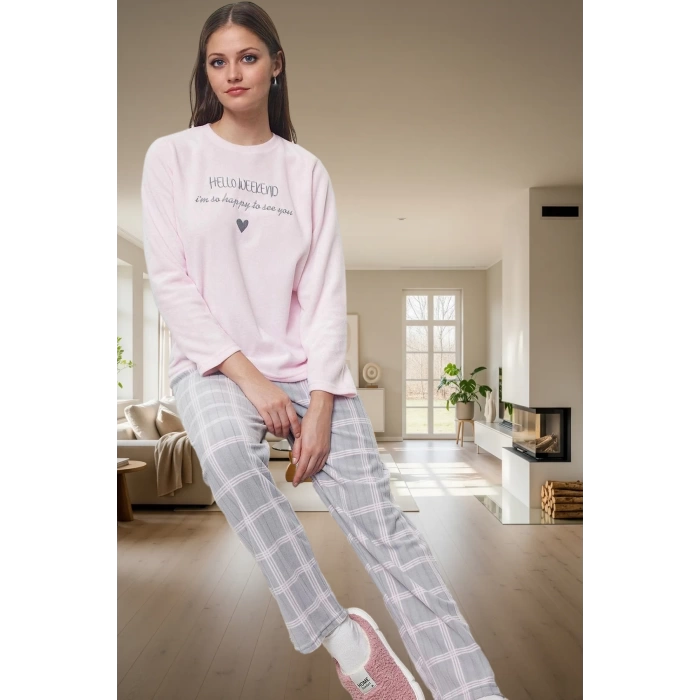 Rahat ve Şık Kadın Pijama Takımı Polar Ekoseli Uzun Kollu Yüksek Kalite Modern Stil