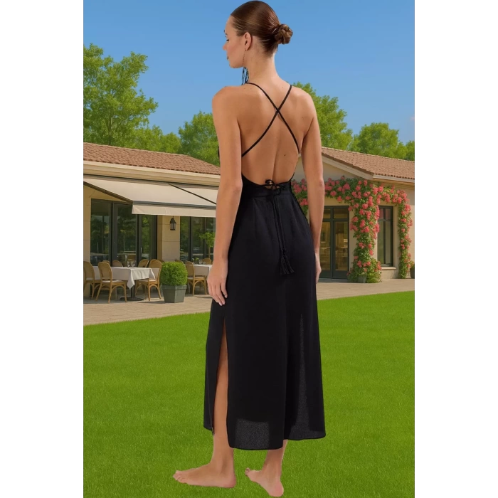 Rahat ve Şık Kadın Plaj Elbisesi Midi Boy V Yaka Viskoz Polyester Rahat Kullanım