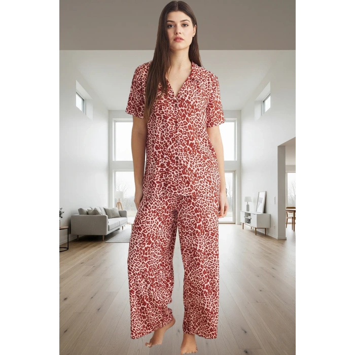 Rahat ve Şık Leopar Desenli Viskoz Pijama Takımı Yaz İçin Mükemmel Uzun Ömürlü Modern Stil