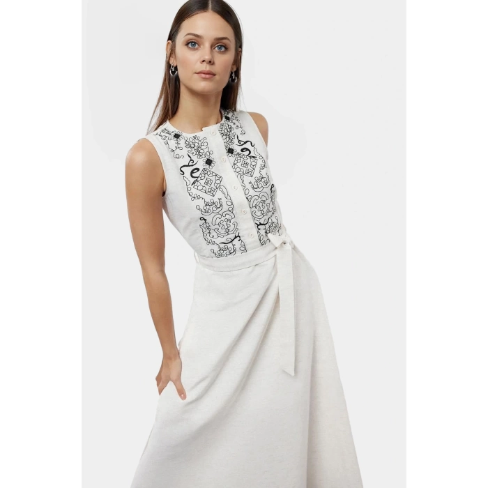 Rahat ve Şık Midi Elbise A line Kalıp Keten Görünümlü Dokuma Kumaş Modern Stil