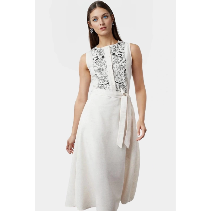 Rahat ve Şık Midi Elbise A line Kalıp Keten Görünümlü Dokuma Kumaş Modern Stil
