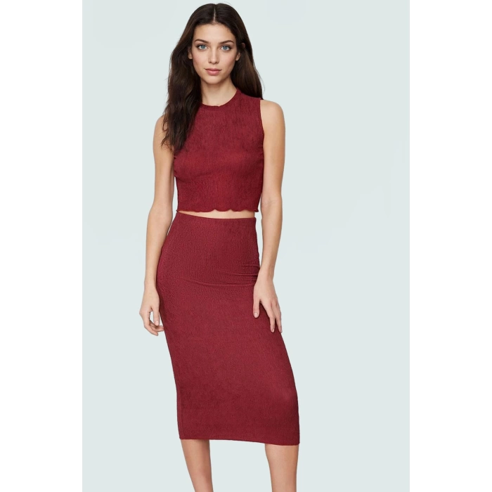 Rahat ve Şık Midi Örme Bluz Etek Takım Polyester Karışımlı Günlük Kombinler İçin Modern Stil