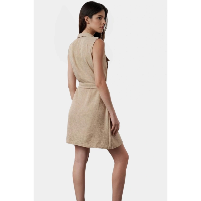 Rahat ve Şık Mini Gömlek Elbise Keten Görünümlü Kuşaklı Polyester Trend Tasarım