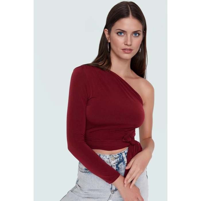 Rahat ve Şık Örme Crop Bluz Tek Kol Uzun Kollu Asimetrik Yaka Özenle Seçilmiş