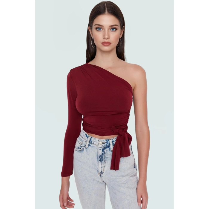 Rahat ve Şık Örme Crop Bluz Tek Kol Uzun Kollu Asimetrik Yaka Özenle Seçilmiş