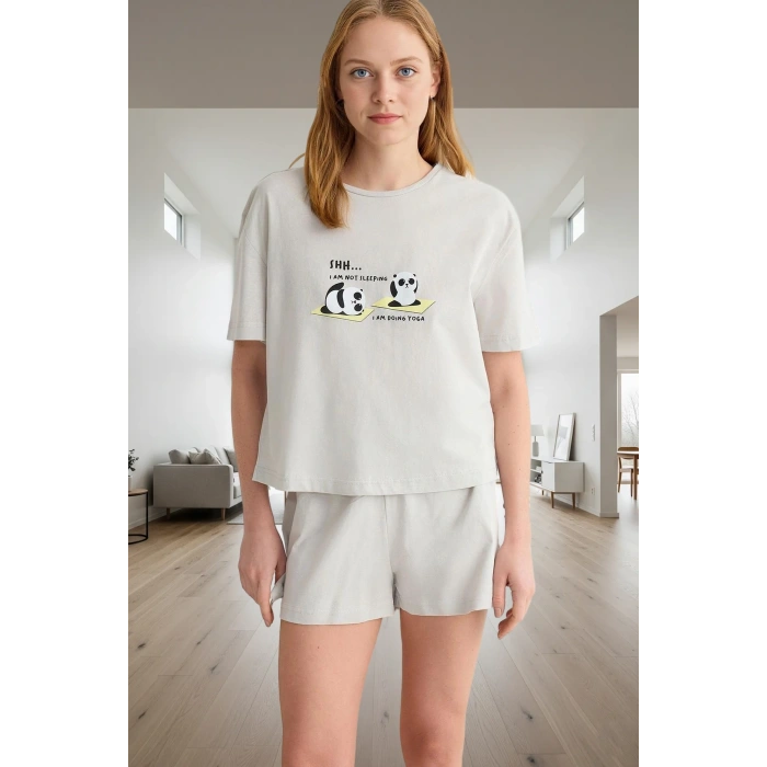 Rahat ve Şık Panda Baskılı 2li Pijama Takımı Kısa Kollu Premium Kalite Dayanıklı Malzeme