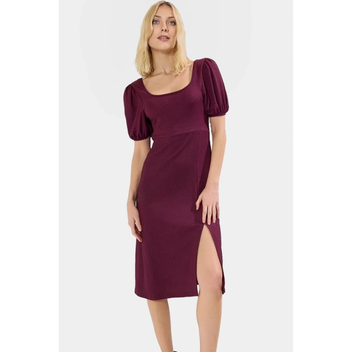 Rahat ve Şık Polyester Elbise Midi Boy Yırtmaç Detay Balon Kol Konforlu Kesim Premium Kalite
