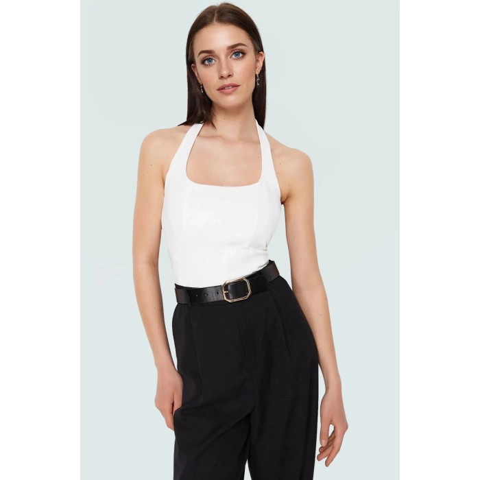 Rahat ve Şık Scuba Krep Crop Bluz Halter Yaka Polyester Karışımı Özenle Seçilmiş