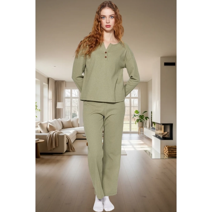 Rahat ve Şık Waffle Pijama Takımı Pamuklu V Yaka Uzun Kollu Yüksek Kalite