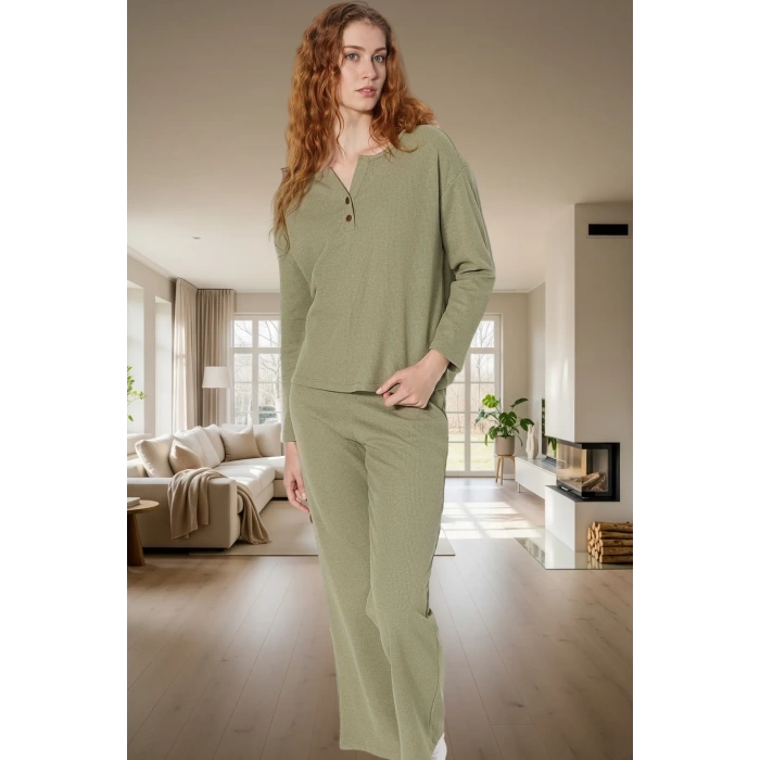 Rahat ve Şık Waffle Pijama Takımı Pamuklu V Yaka Uzun Kollu Yüksek Kalite