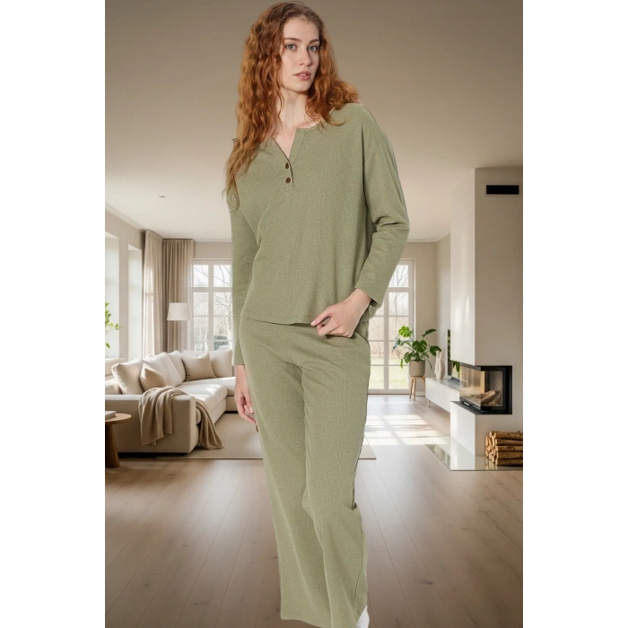 Rahat ve Şık Waffle Pijama Takımı Pamuklu V Yaka Uzun Kollu Yüksek Kalite
