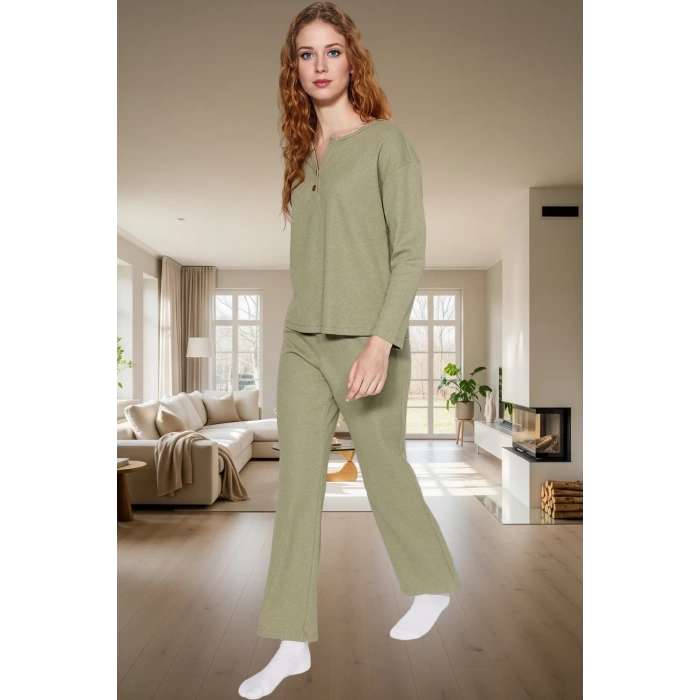 Rahat ve Şık Waffle Pijama Takımı Pamuklu V Yaka Uzun Kollu Yüksek Kalite