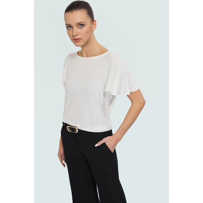 Rahat Viskoz Bluz Büzgülü Kollar Bisiklet Yaka Regular Kalıp Yazlık Şık Görünüm Modern Stil