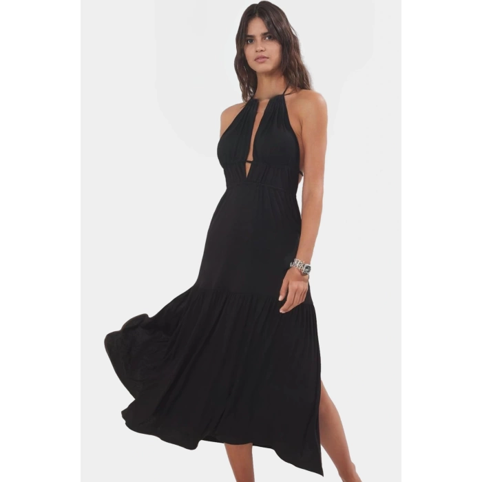Rahat Viskoz Maxi Elbise Örme Kumaş Bisiklet Yaka Cut Out Detaylı Plaj Şıklığı Modern Stil