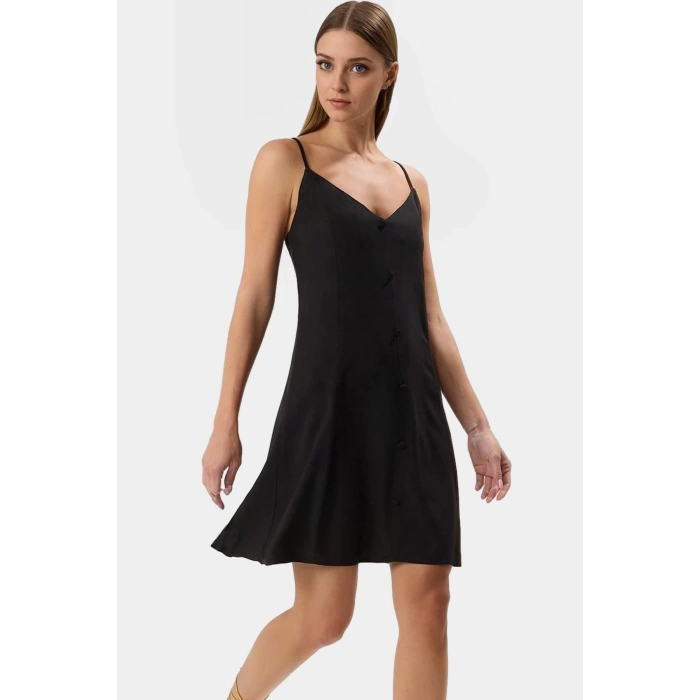 Rahat Viskoz Mini Elbise V Yaka Düğmeli Shift Kalıp Günlük Kullanım İçin Modern Stil