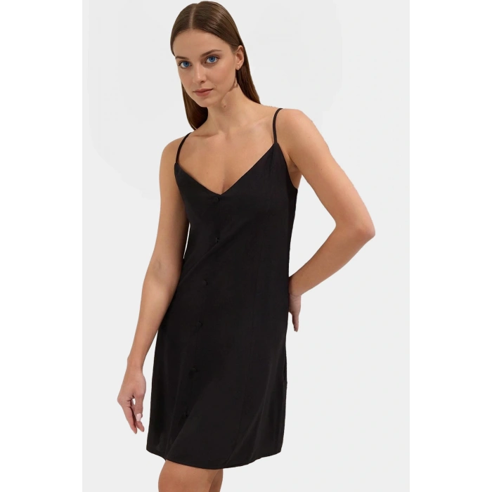 Rahat Viskoz Mini Elbise V Yaka Düğmeli Shift Kalıp Günlük Kullanım İçin Modern Stil