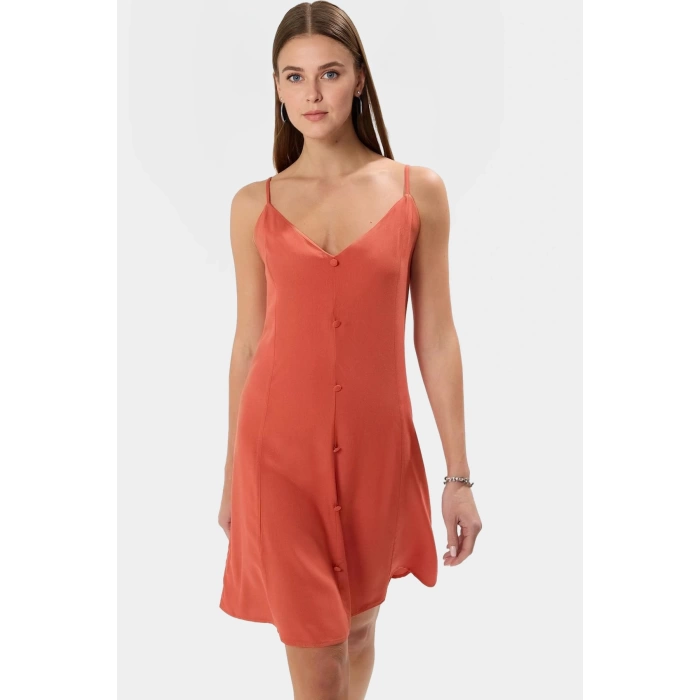 Rahat Viskoz Mini Elbise V Yaka Düğmeli Shift Kalıp Günlük Kullanım İçin Modern Stil