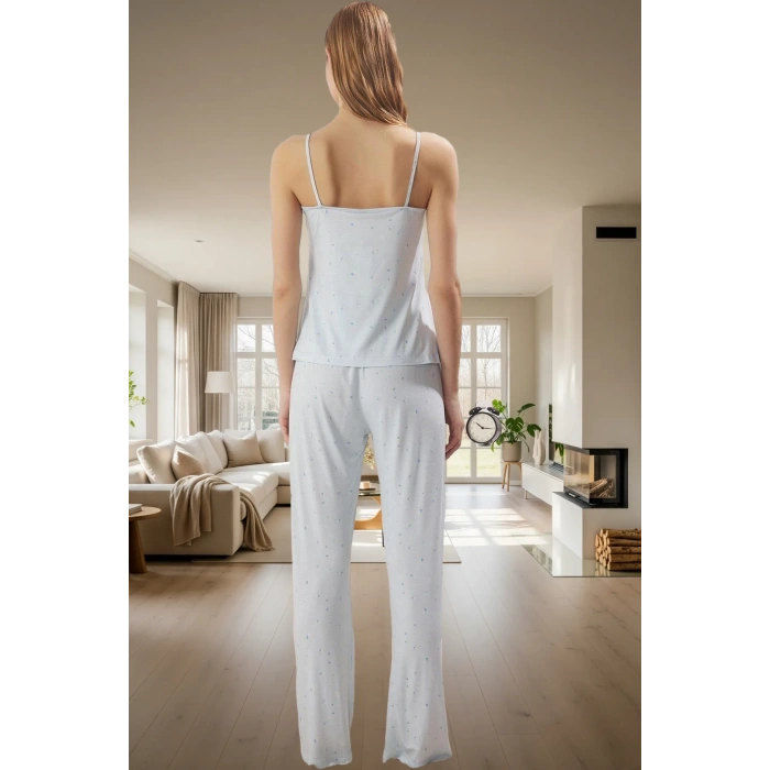 Rahat Viskoz Pijama Takımı; Çiçek Desenli İnce Askılı Normal Bel Geniş Paça Trend Tasarım