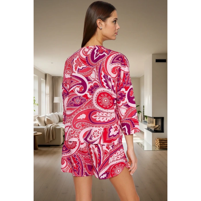 Rahat Viskoz Pijama Takımı Etnik Desenli Bağlamalı Şortlu Homewear Ve Şık Özenle Seçilmiş