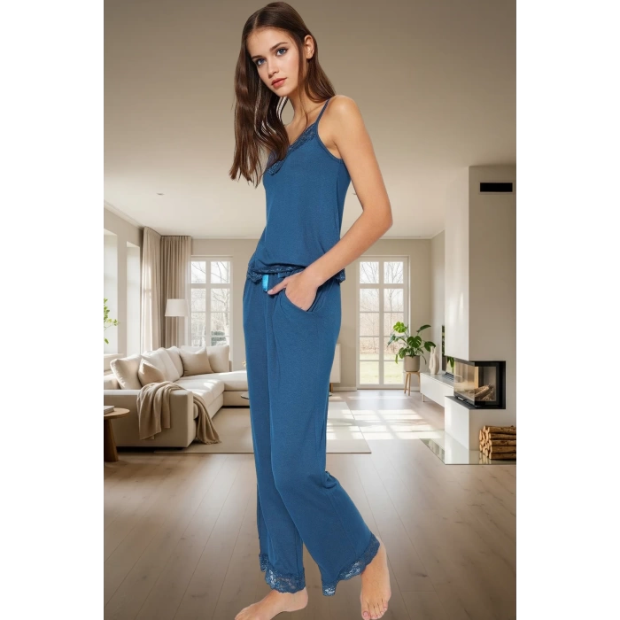 Rahat Viskoz Pijama Takımı Renk Dantel Detay İnce Askılı V Yaka 2li Takım