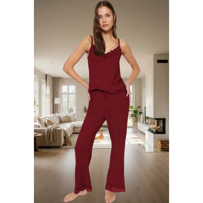 Rahat Viskoz Pijama Takımı Renk Dantel Detay İnce Askılı V Yaka 2li Takım
