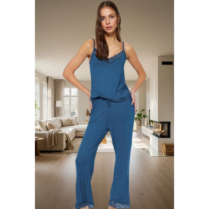 Rahat Viskoz Pijama Takımı Renk Dantel Detay İnce Askılı V Yaka 2li Takım