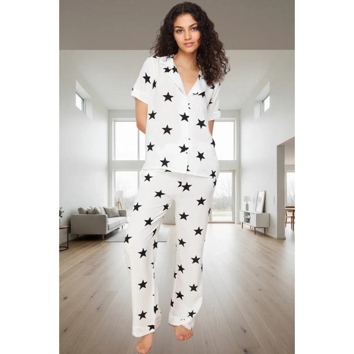 Rahat Viskoz Pijama Takımı Yıldız Desenli Shally Dokuma Geniş Paça Regular Kalıp