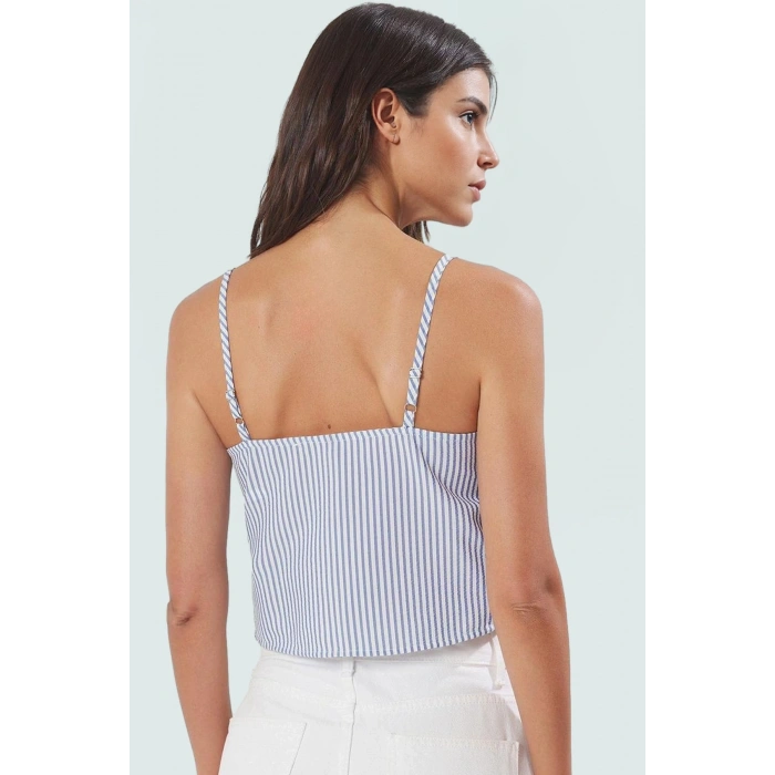 Rahat Yazlık Çizgili Crop Bluz Fiyonklu Dokuma Kumaş Uzun Ömürlü Yüksek Kalite Kaliteli İşçilik