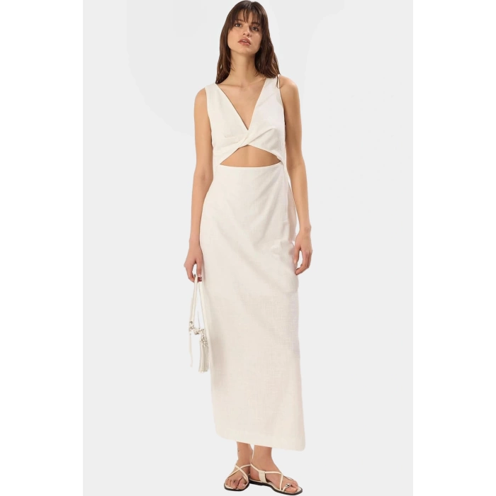 Rahat Yazlık Dokuma Elbise A Kesim Cut Out Detaylı Bisiklet Yaka Profesyonel Görünüm Modern Stil
