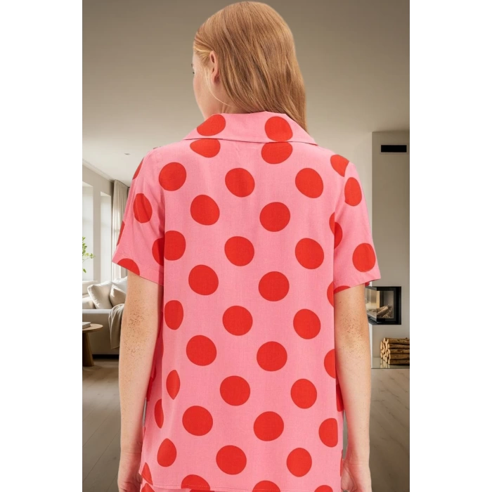 Rahat Yazlık Pijama Takımı 100% Viskon Puantiyeli Desen Şortlu Tasarım Uzun Ömürlü Şık Görünüm