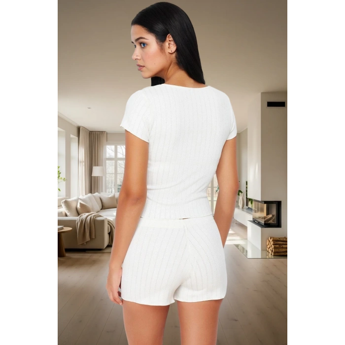 Rahat Yazlık Pijama Takımı Çizgili Örme Kaşkorse Kumaş Modern Stil Günlük Kullanım İçin