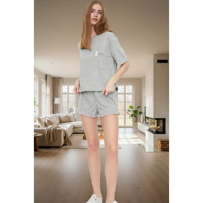 Rahat Yazlık Pijama Takımı Kısa Kollu Tişört ve Şort Pamuklu Örme Kumaş Özenle Seçilmiş