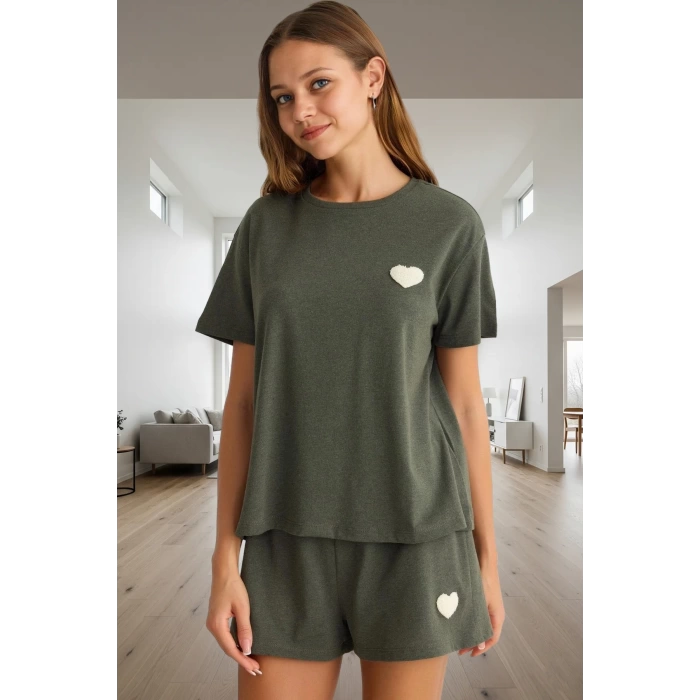 Rahat Yazlık Pijama Takımı Pamuklu Örme Renk Kalp Detaylı 2’li Günlük Kullanım İçin