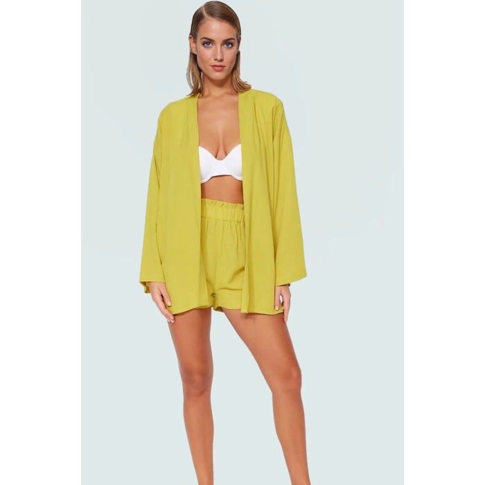 Rahat Yazlık Şortlu Kimono Takım Dokuma V Yaka Plaj Modası Mükemmel Uyum Trend Tasarım