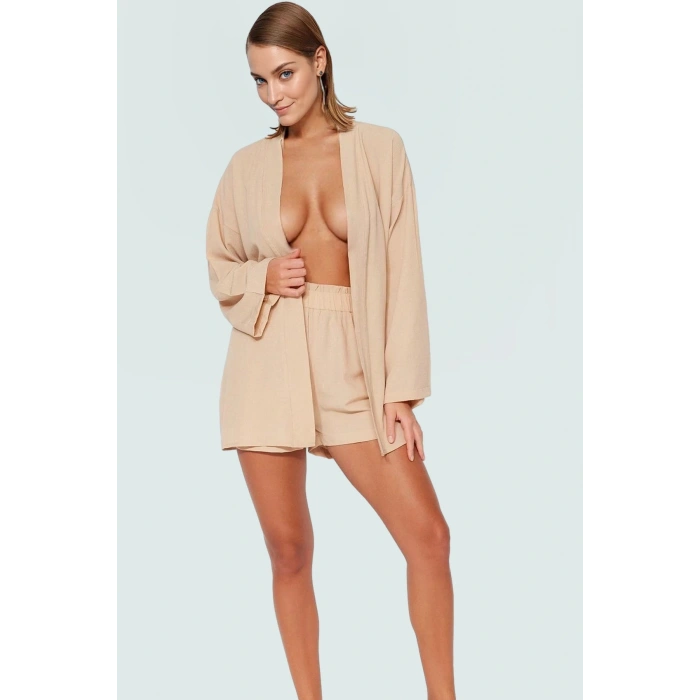 Rahat Yazlık Şortlu Kimono Takım Dokuma V Yaka Plaj Modası Mükemmel Uyum Trend Tasarım