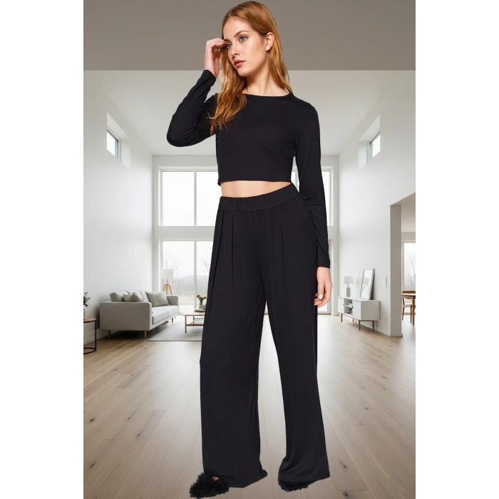 Rahatlığıyla Büyüleyecek Pijama Takımı Viskon Örme Geniş Paça Yüksek Bel Kalite