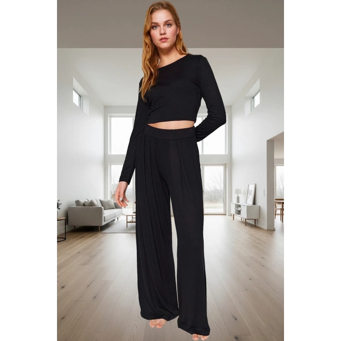 Rahatlığıyla Büyüleyecek Pijama Takımı Viskon Örme Geniş Paça Yüksek Bel Kalite