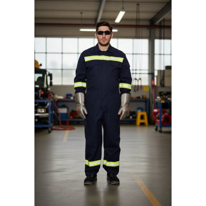 Reflektörlü Koyu İş Güvenliği Tulumu Alev Almaz Tulum Koruyucu Antistatik Yüksek Risk Alanlarına