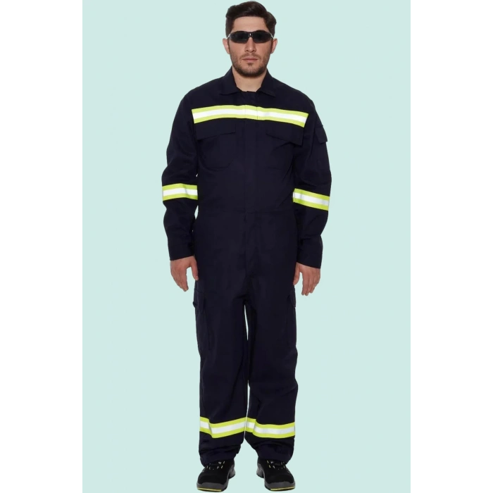Reflektörlü Koyu İş Güvenliği Tulumu Alev Almaz Tulum Koruyucu Antistatik Yüksek Risk Alanlarına