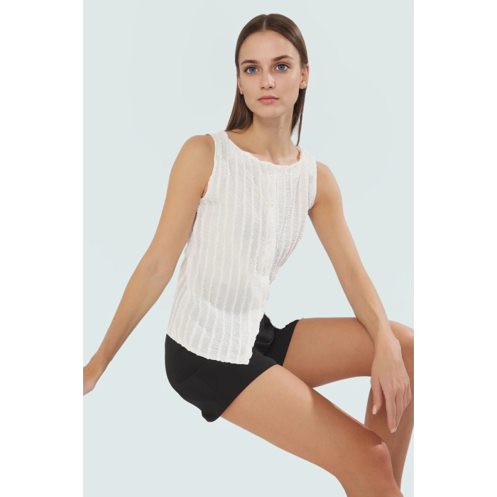 Regular Bluz Gofre Örme Kumaş Kayık Yaka Günlük Kullanım Kaliteli İşçilik